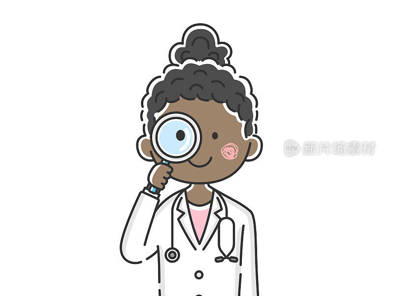 Illustration of a black doctor using a magnifying glass.